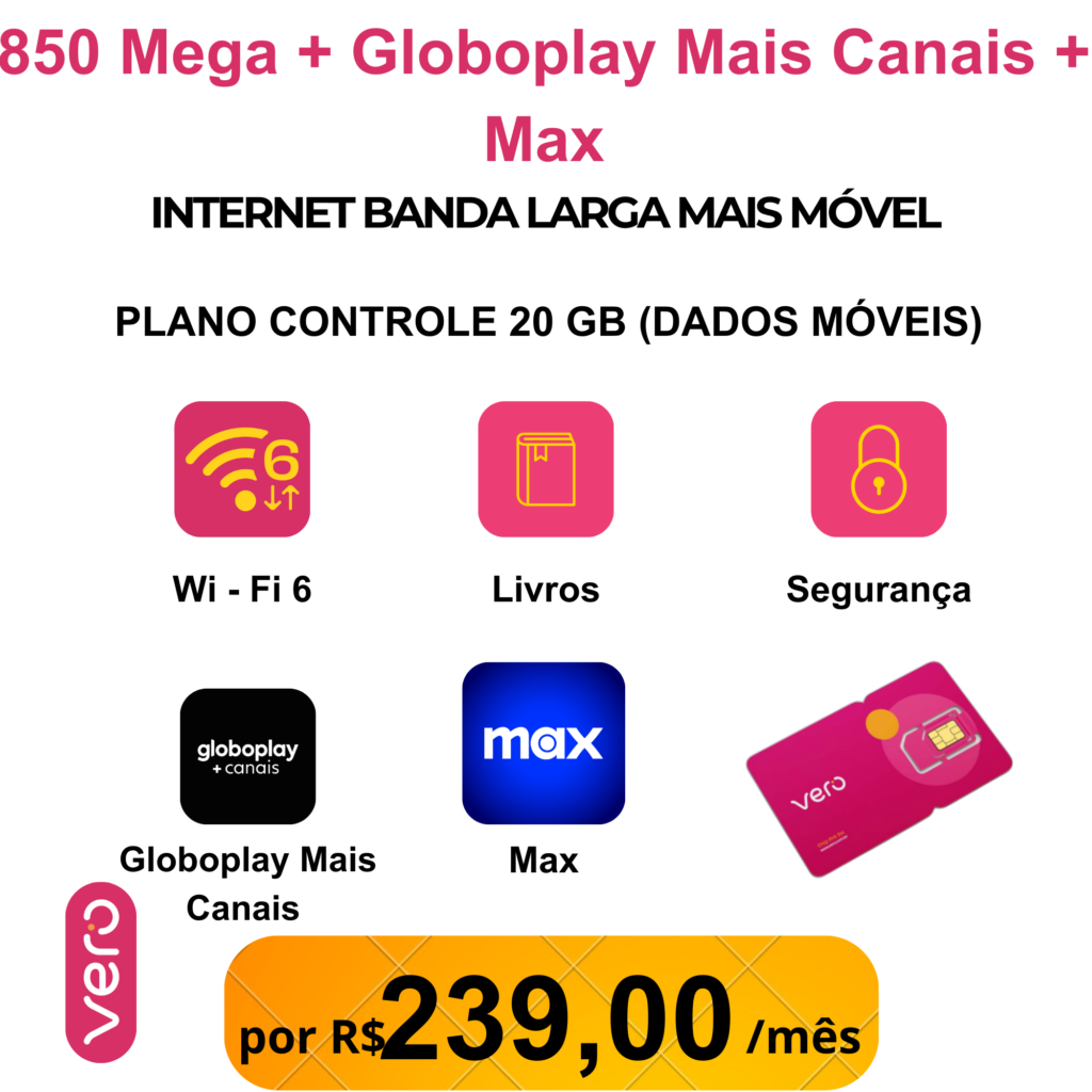 Combo Globoplay mais Canais mais Max mais móvel (1 CHIP) Instalação Grátis Contrato de 12 Meses