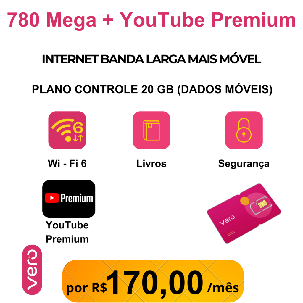 Combo Youtube Premium mais móvel (1 CHIP) Instalação Grátis Contrato de 12 Meses..